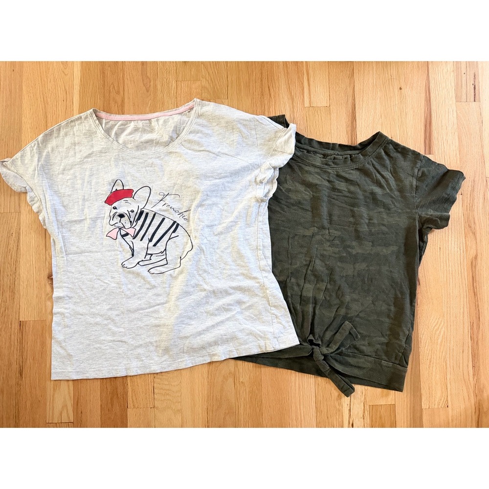 Esmara Women Tee Top Bundle Gray Frenchie Graphic Dog & Olive Camo Tie Front M
